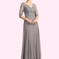 Catalina A-Line V-neck Floor-Length Chiffon Lace Mother of the Bride Dress With Sequins DE126P0014999