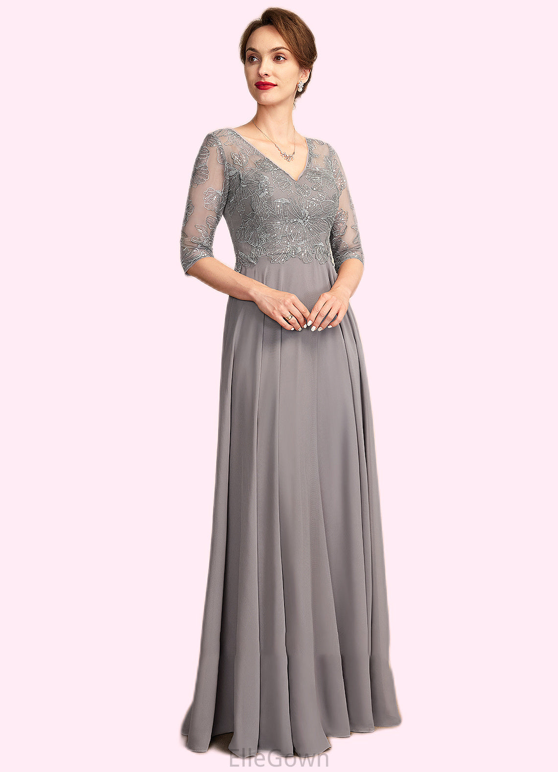 Catalina A-Line V-neck Floor-Length Chiffon Lace Mother of the Bride Dress With Sequins DE126P0014999