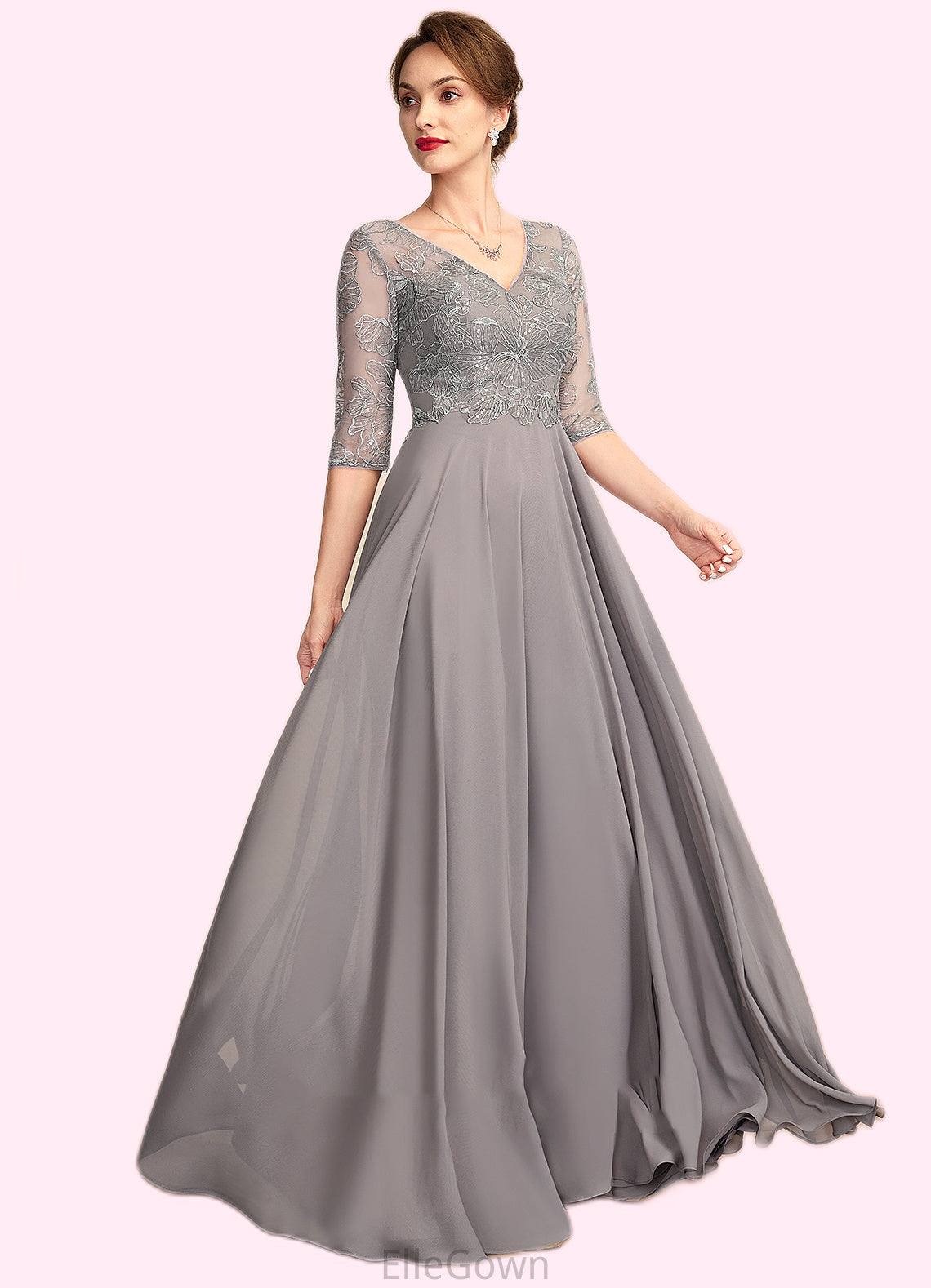 Catalina A-Line V-neck Floor-Length Chiffon Lace Mother of the Bride Dress With Sequins DE126P0014999