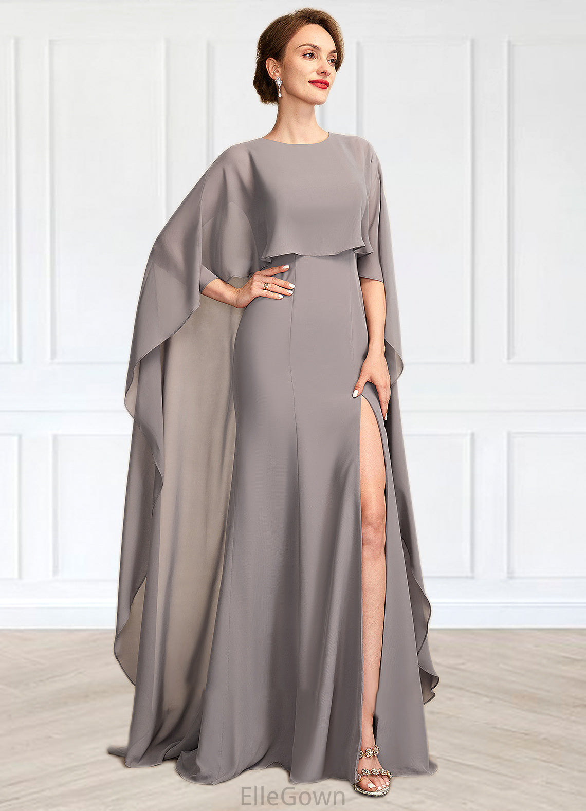 Carlee Sheath/Column Scoop Neck Sweep Train Chiffon Mother of the Bride Dress With Split Front DE126P0015000