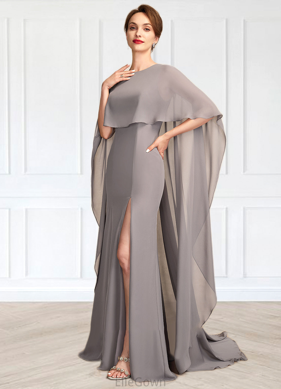 Carlee Sheath/Column Scoop Neck Sweep Train Chiffon Mother of the Bride Dress With Split Front DE126P0015000