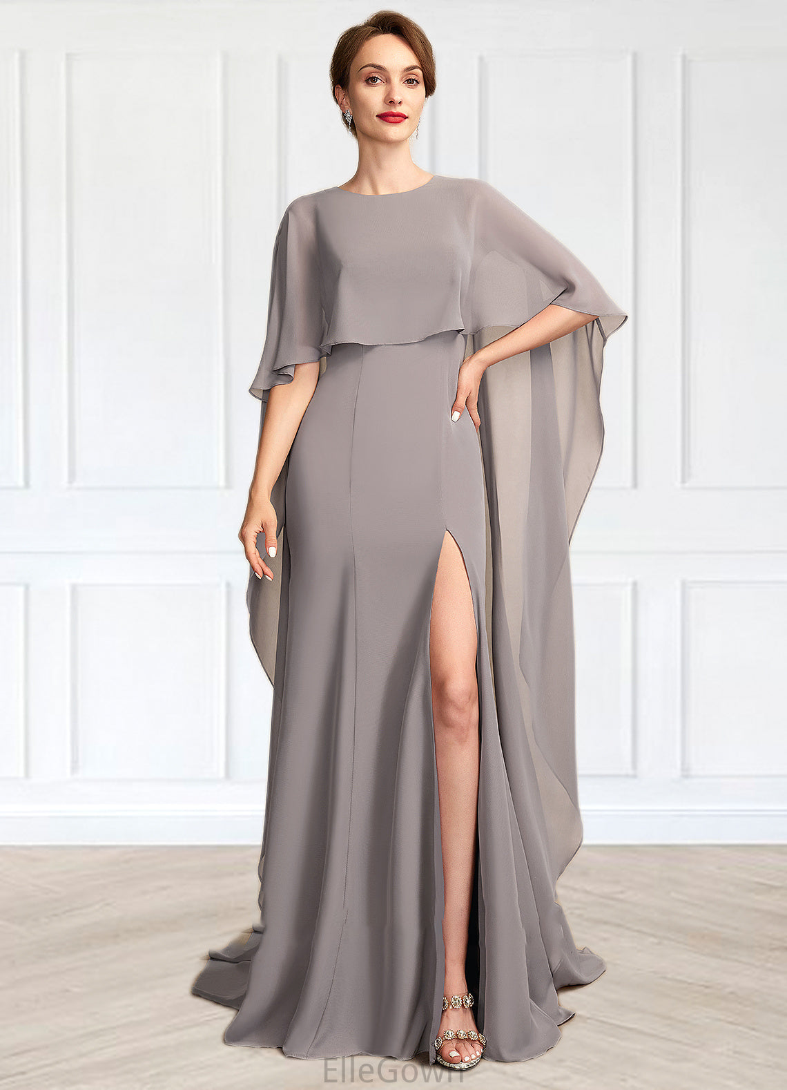 Carlee Sheath/Column Scoop Neck Sweep Train Chiffon Mother of the Bride Dress With Split Front DE126P0015000