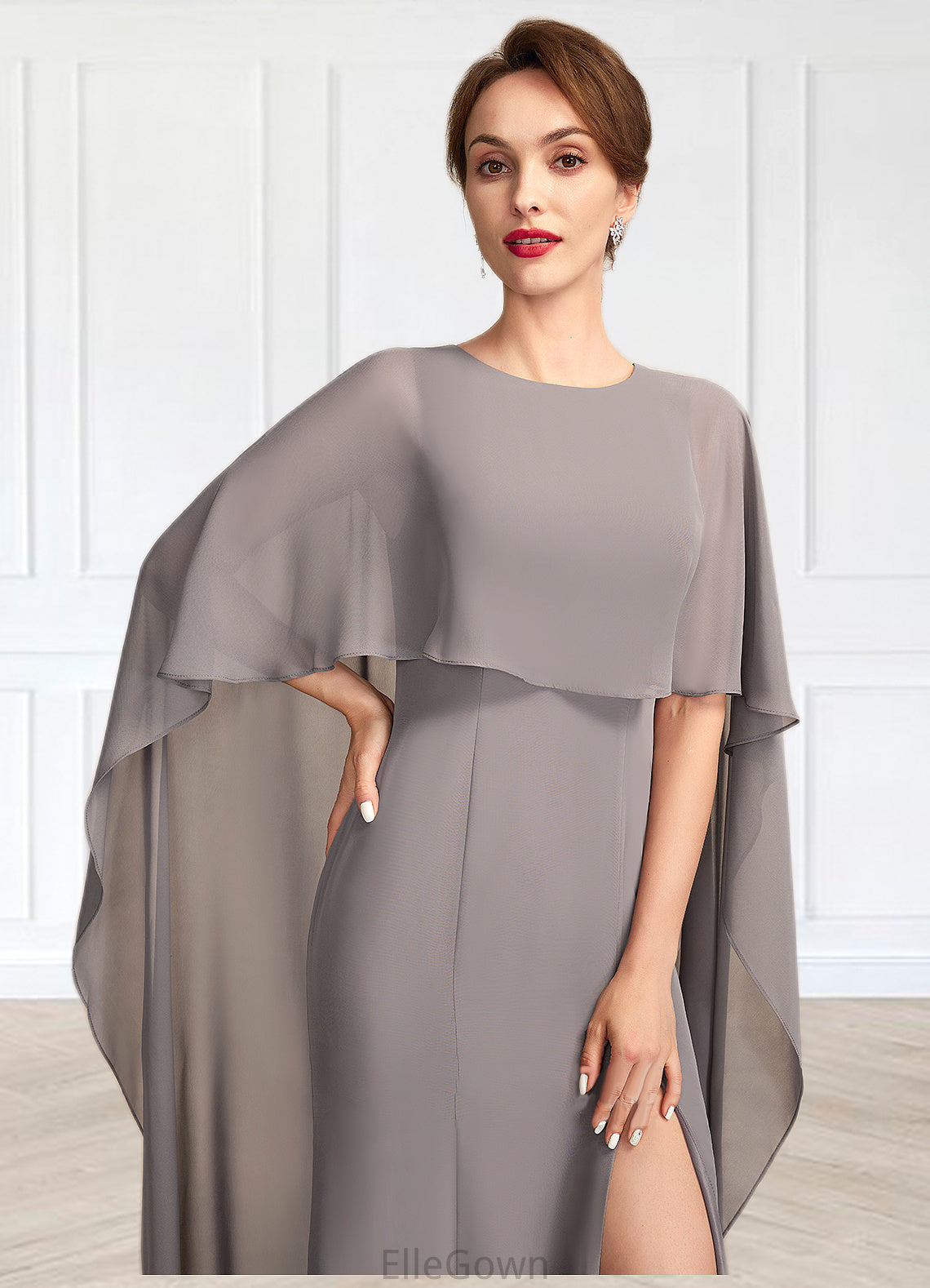 Carlee Sheath/Column Scoop Neck Sweep Train Chiffon Mother of the Bride Dress With Split Front DE126P0015000