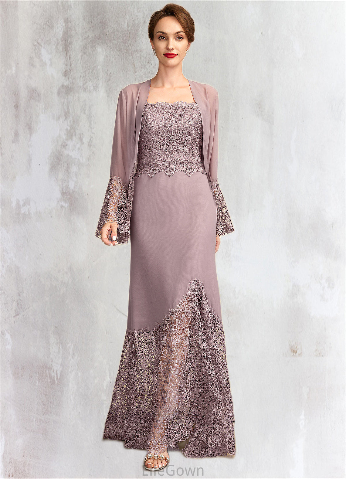 Olga Trumpet/Mermaid Square Neckline Asymmetrical Chiffon Lace Mother of the Bride Dress DE126P0015001