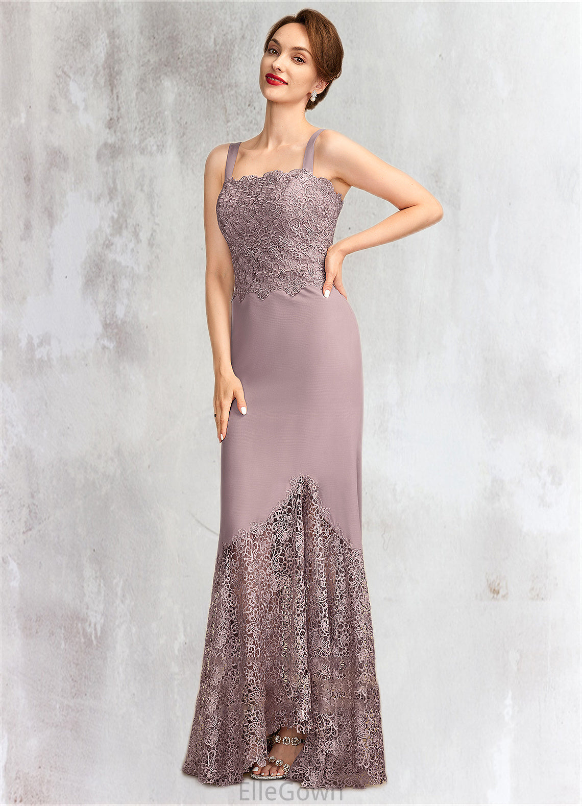 Olga Trumpet/Mermaid Square Neckline Asymmetrical Chiffon Lace Mother of the Bride Dress DE126P0015001