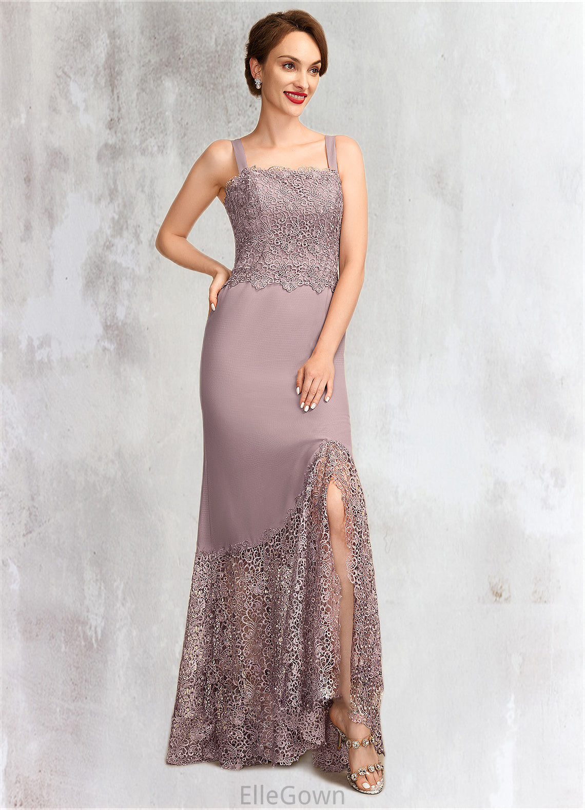 Olga Trumpet/Mermaid Square Neckline Asymmetrical Chiffon Lace Mother of the Bride Dress DE126P0015001