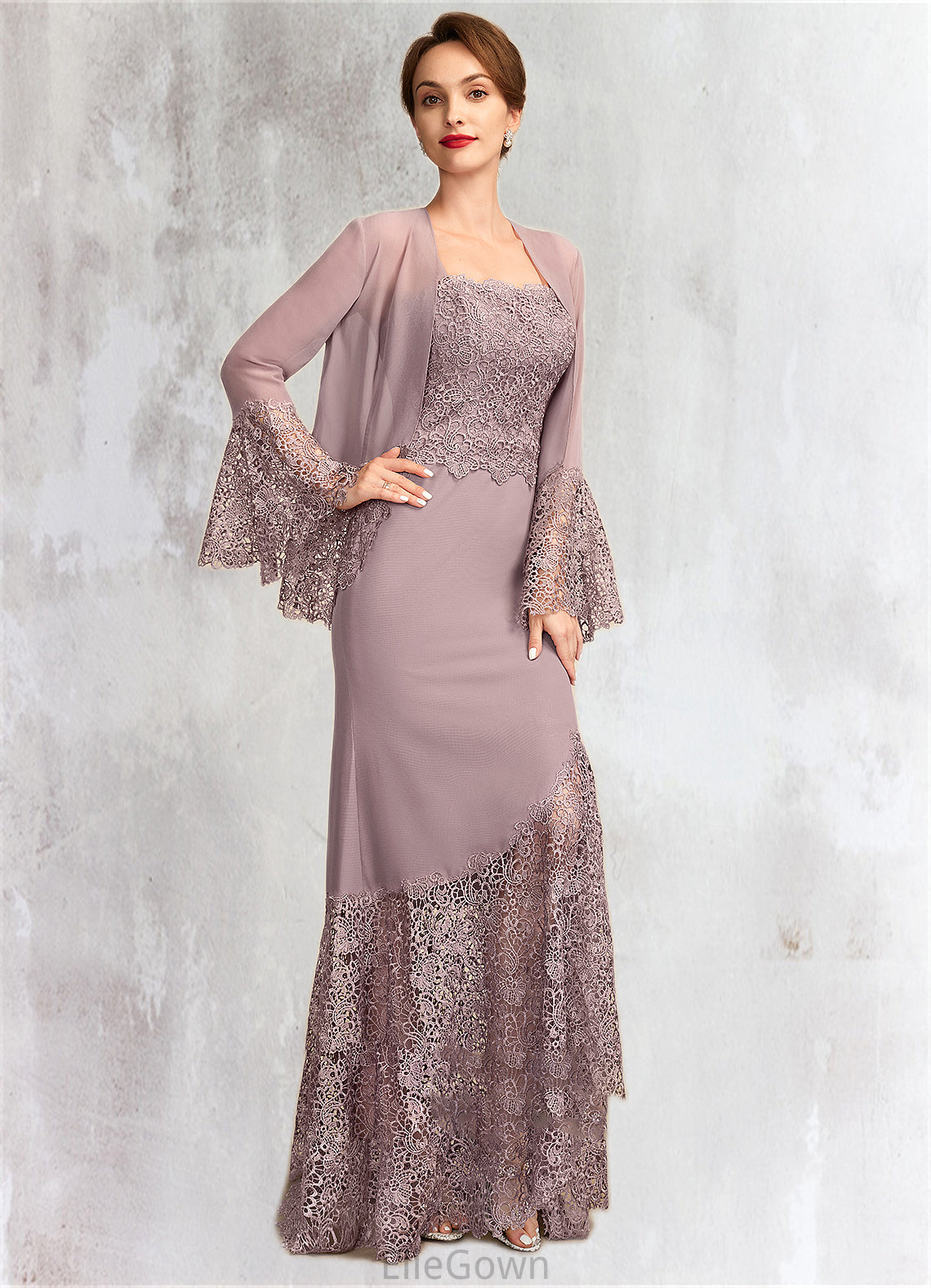 Olga Trumpet/Mermaid Square Neckline Asymmetrical Chiffon Lace Mother of the Bride Dress DE126P0015001