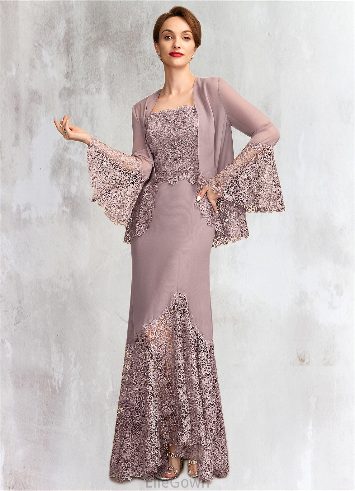 Olga Trumpet/Mermaid Square Neckline Asymmetrical Chiffon Lace Mother of the Bride Dress DE126P0015001