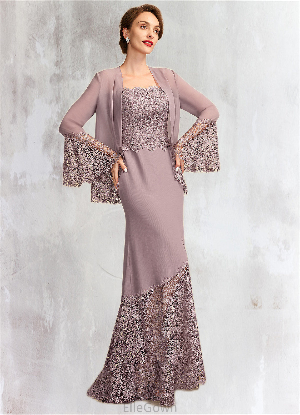 Olga Trumpet/Mermaid Square Neckline Asymmetrical Chiffon Lace Mother of the Bride Dress DE126P0015001