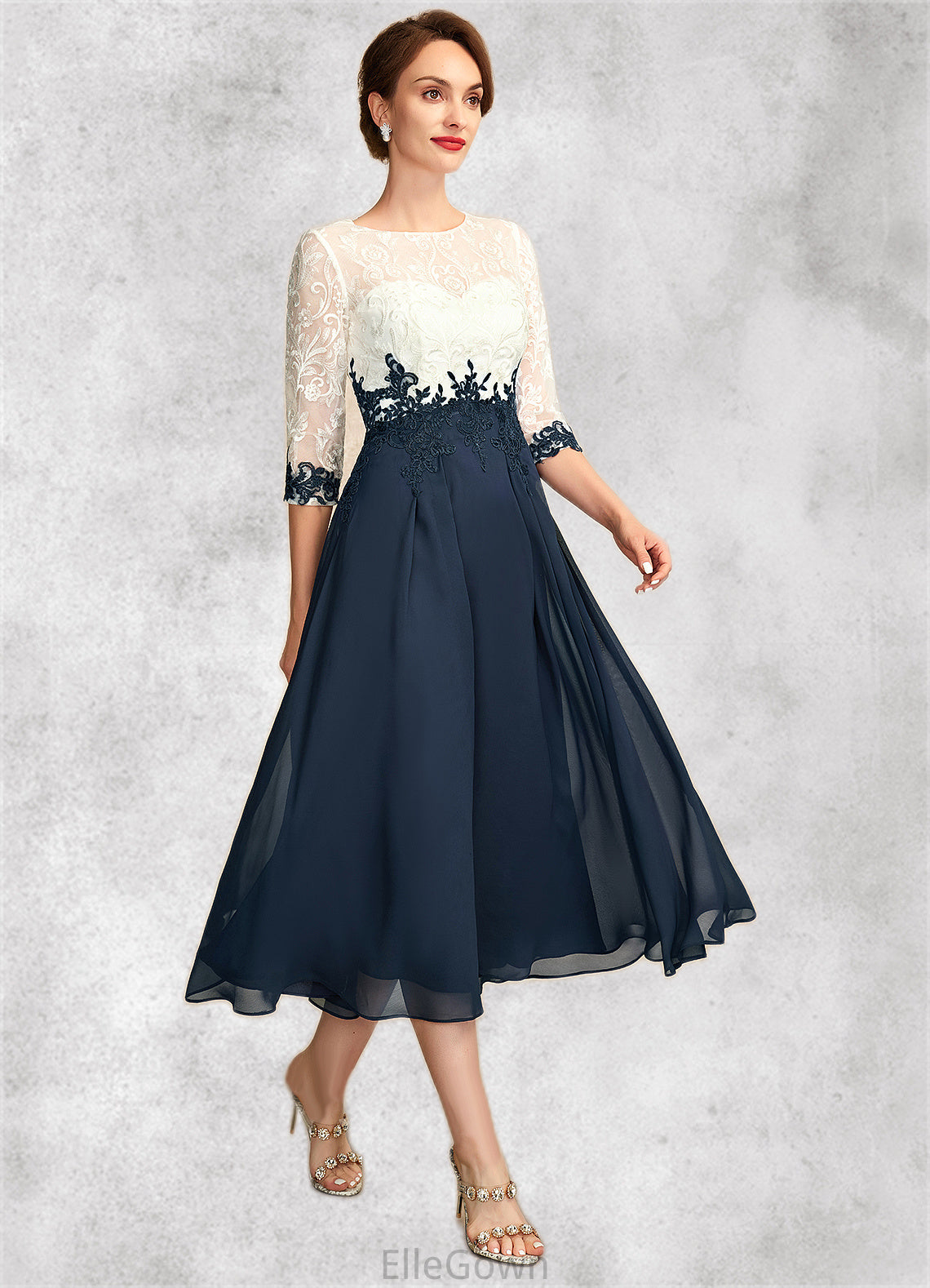 Dana A-Line Scoop Neck Tea-Length Chiffon Lace Mother of the Bride Dress DE126P0015002