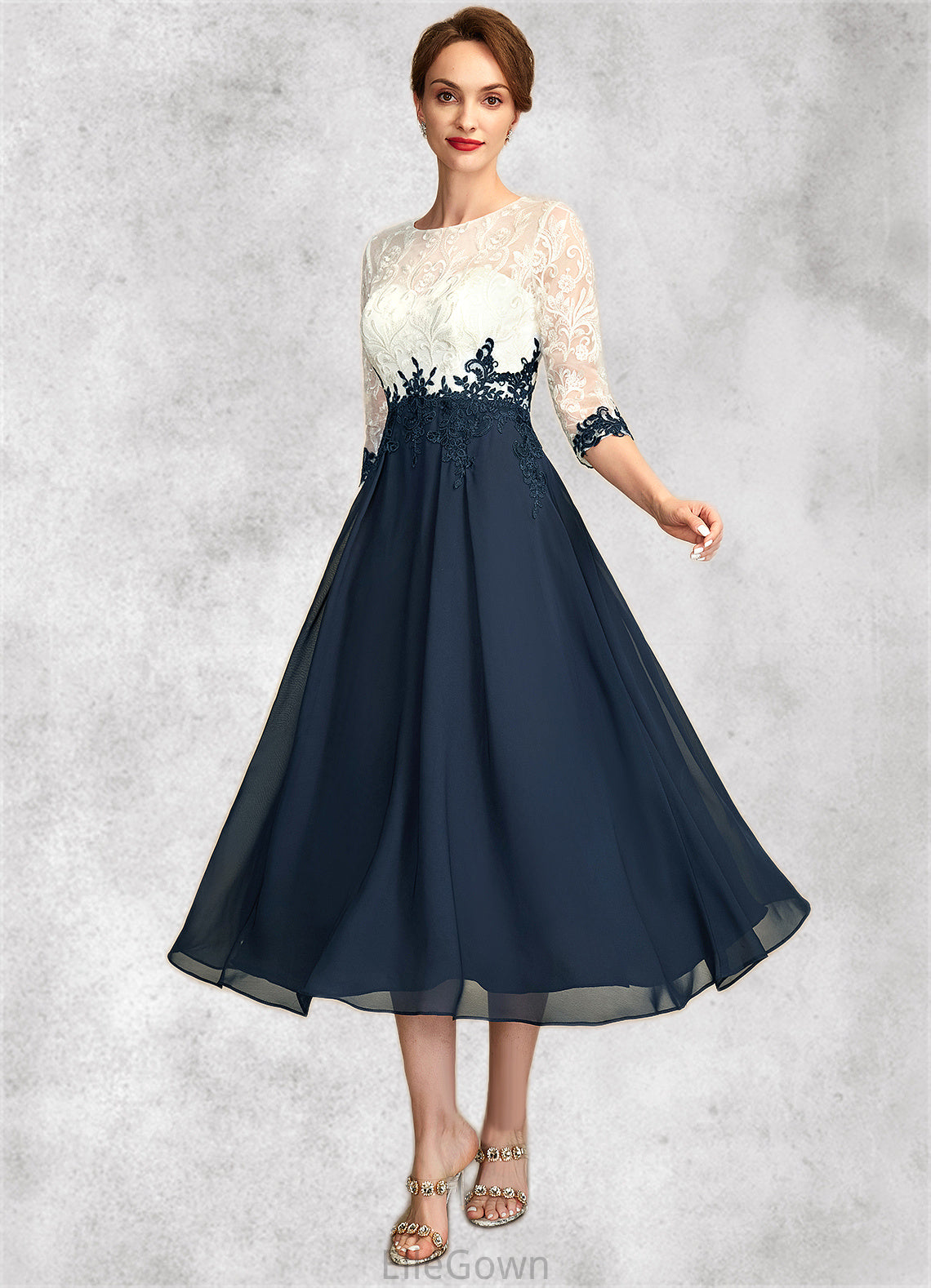 Dana A-Line Scoop Neck Tea-Length Chiffon Lace Mother of the Bride Dress DE126P0015002