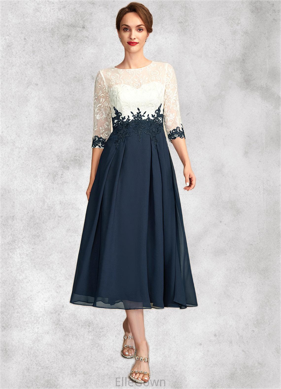 Dana A-Line Scoop Neck Tea-Length Chiffon Lace Mother of the Bride Dress DE126P0015002