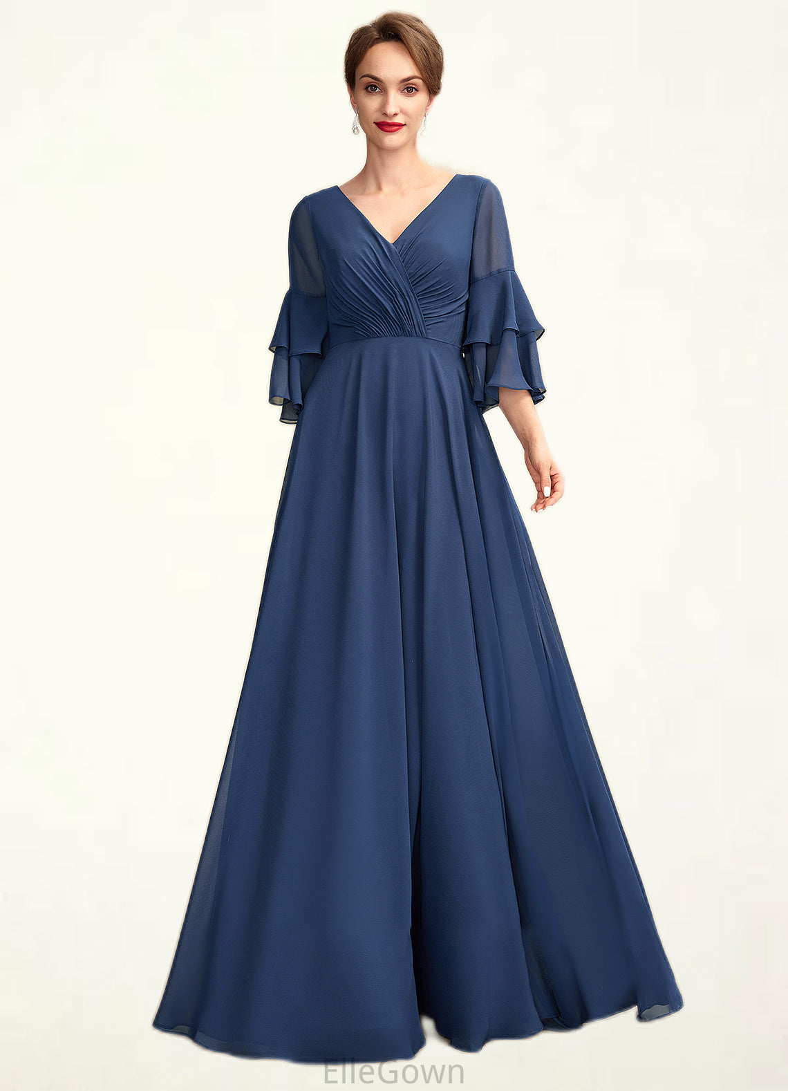 Nora A-Line V-neck Floor-Length Chiffon Mother of the Bride Dress With Cascading Ruffles DE126P0015003