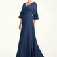 Nora A-Line V-neck Floor-Length Chiffon Mother of the Bride Dress With Cascading Ruffles DE126P0015003