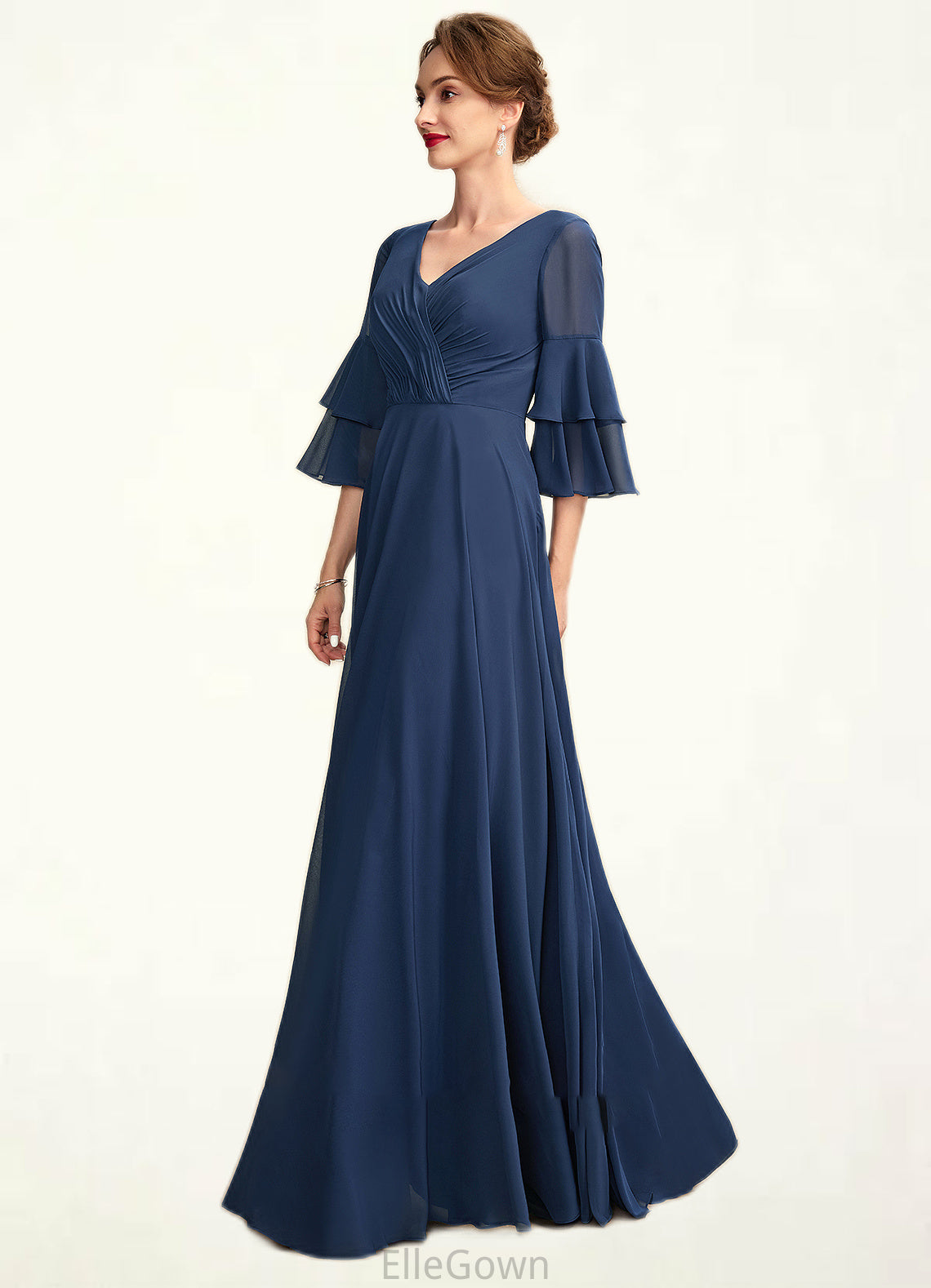 Nora A-Line V-neck Floor-Length Chiffon Mother of the Bride Dress With Cascading Ruffles DE126P0015003