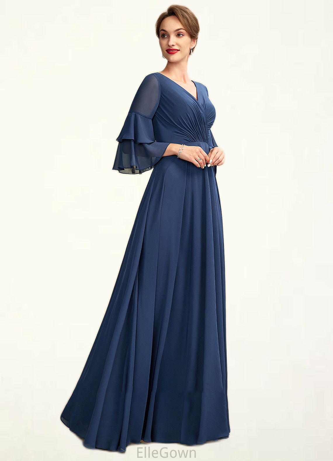 Nora A-Line V-neck Floor-Length Chiffon Mother of the Bride Dress With Cascading Ruffles DE126P0015003