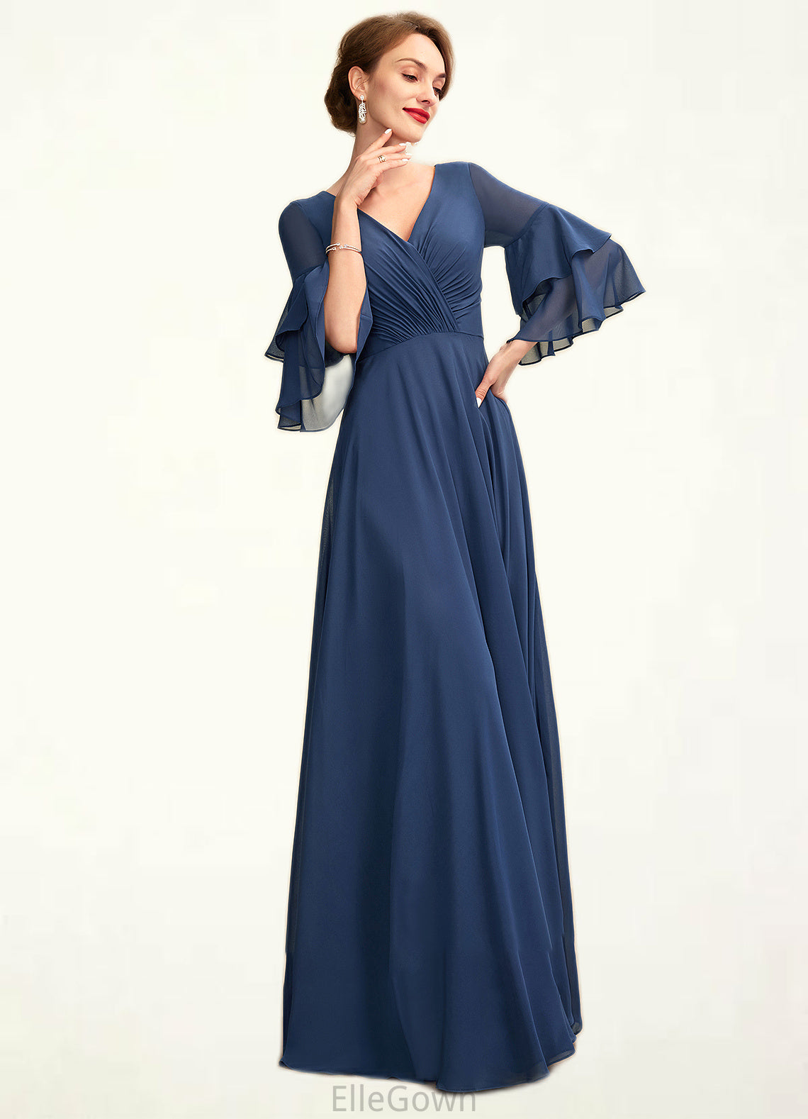 Nora A-Line V-neck Floor-Length Chiffon Mother of the Bride Dress With Cascading Ruffles DE126P0015003