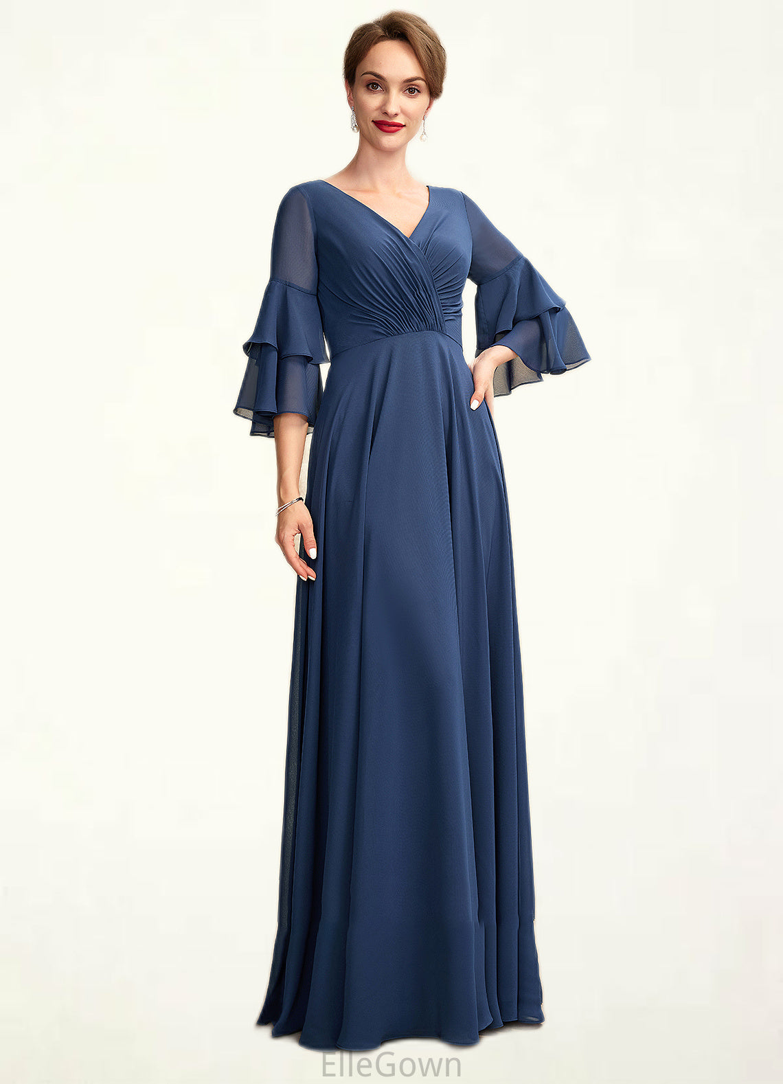 Nora A-Line V-neck Floor-Length Chiffon Mother of the Bride Dress With Cascading Ruffles DE126P0015003