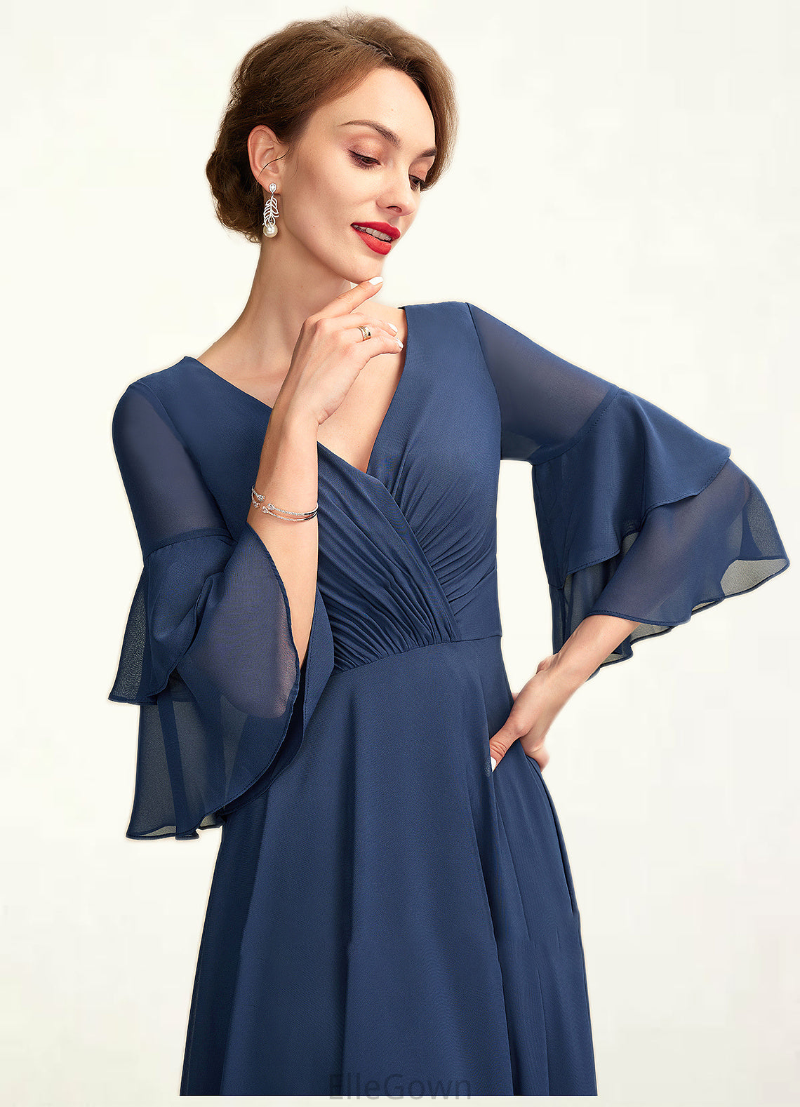 Nora A-Line V-neck Floor-Length Chiffon Mother of the Bride Dress With Cascading Ruffles DE126P0015003