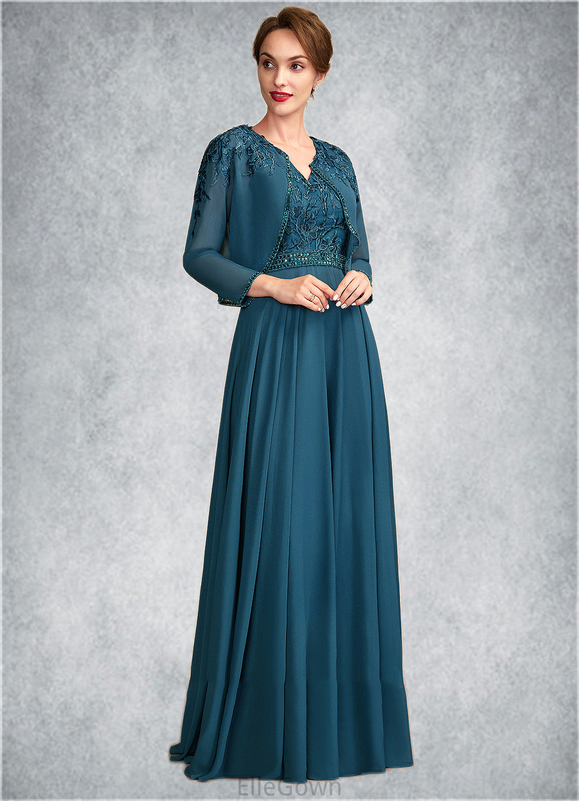 Hadassah A-Line V-neck Floor-Length Chiffon Lace Mother of the Bride Dress With Beading Sequins DE126P0015004