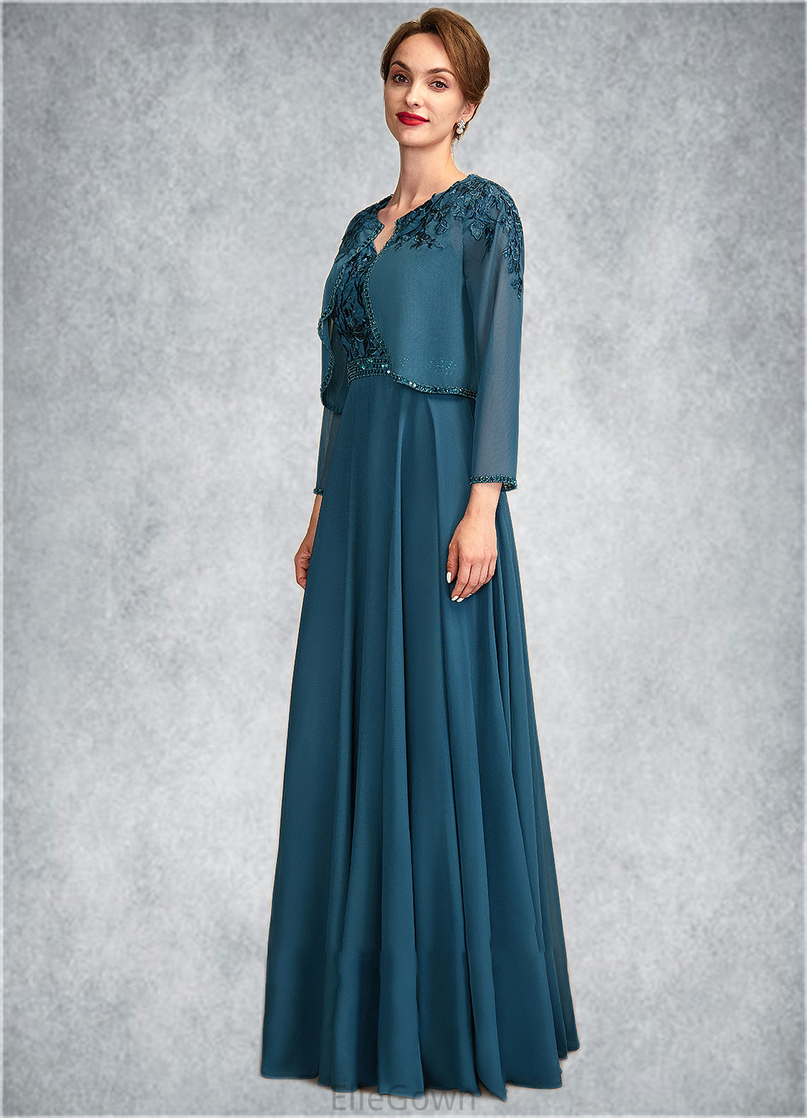 Hadassah A-Line V-neck Floor-Length Chiffon Lace Mother of the Bride Dress With Beading Sequins DE126P0015004