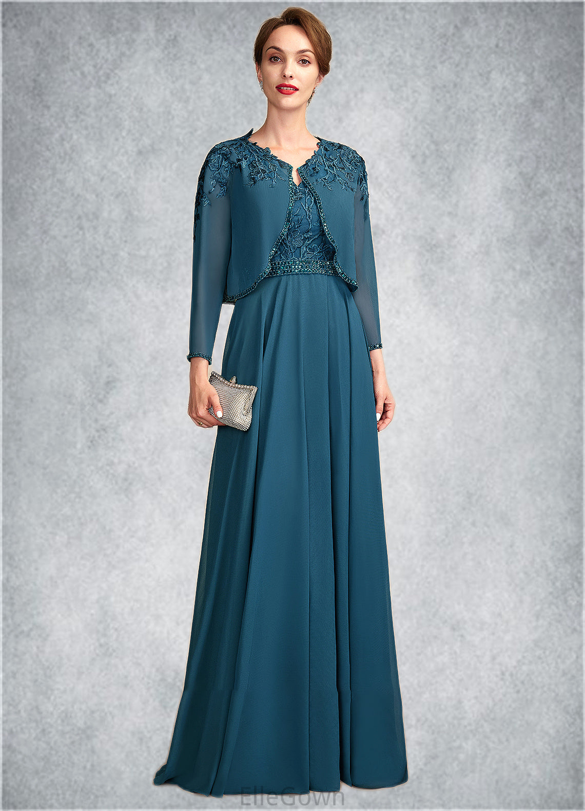 Hadassah A-Line V-neck Floor-Length Chiffon Lace Mother of the Bride Dress With Beading Sequins DE126P0015004