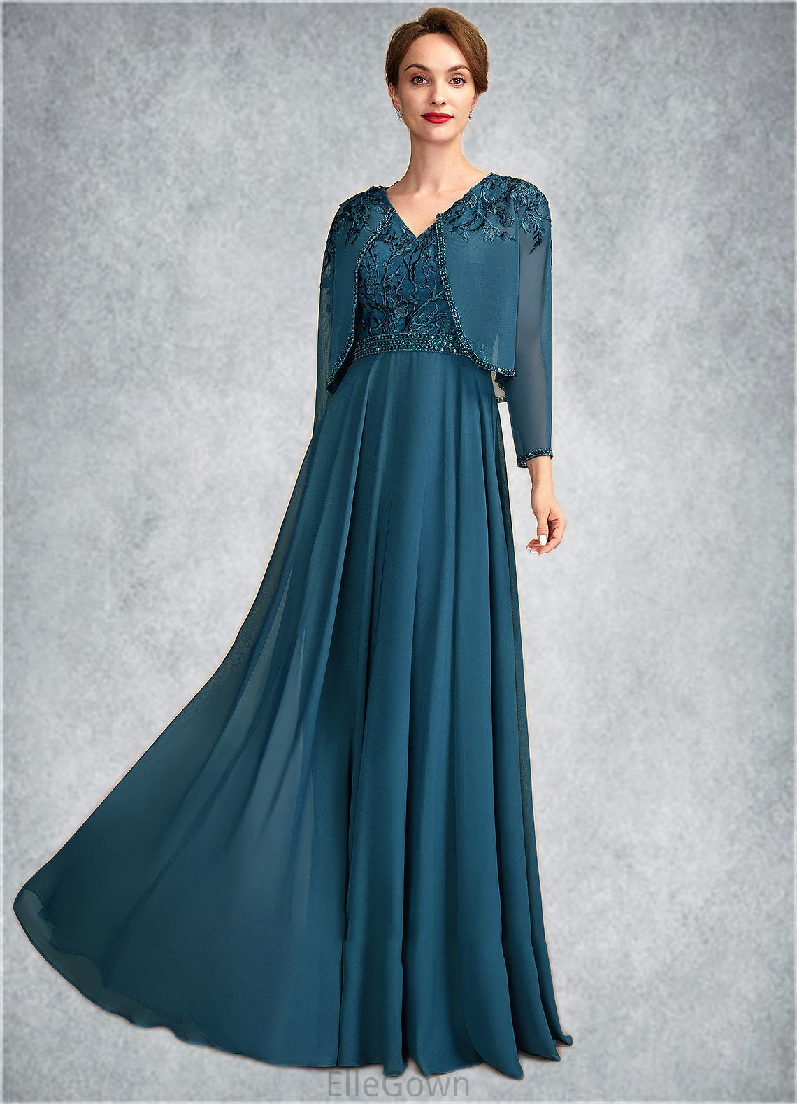 Hadassah A-Line V-neck Floor-Length Chiffon Lace Mother of the Bride Dress With Beading Sequins DE126P0015004