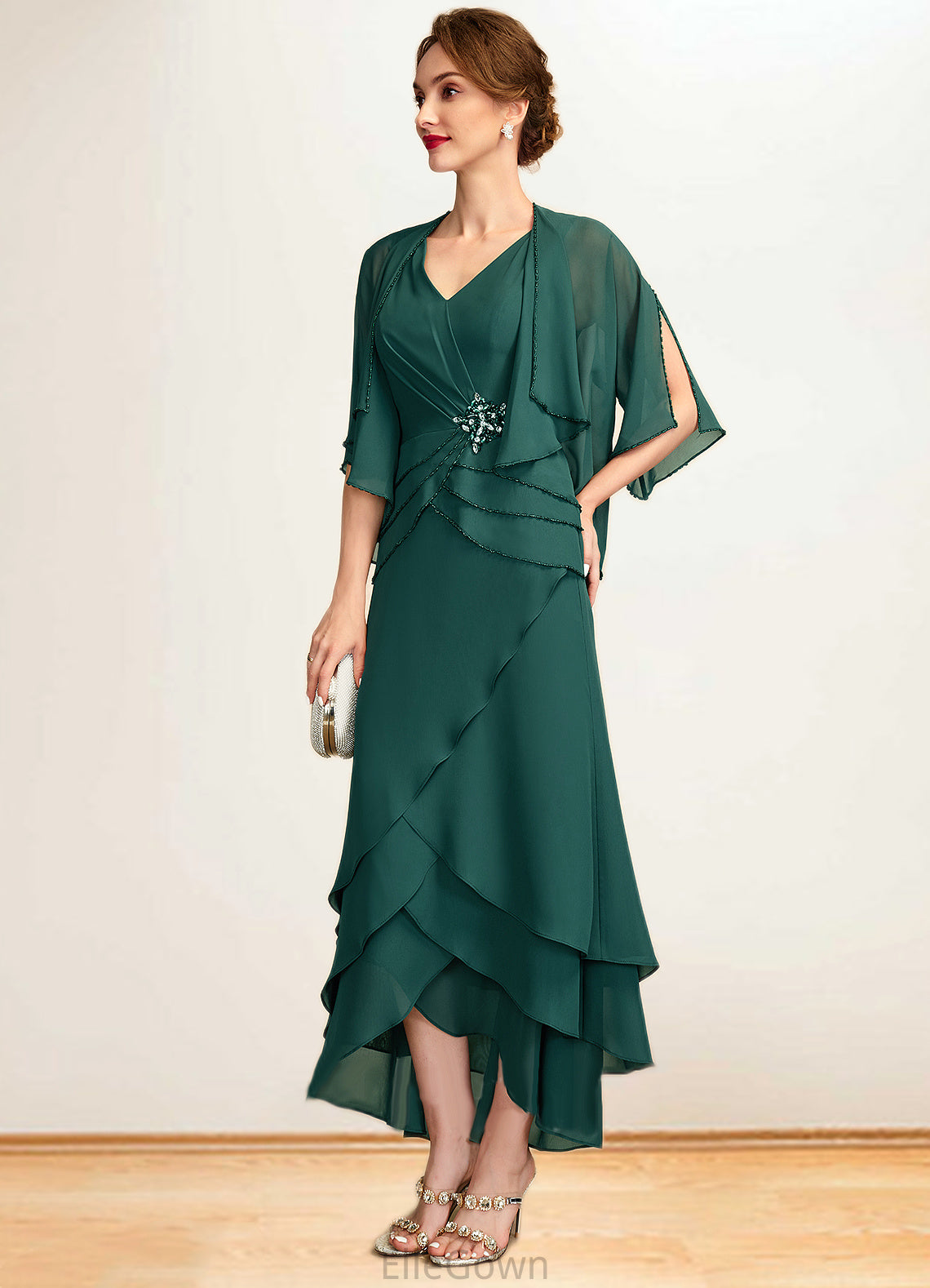 Angelica A-Line V-neck Asymmetrical Chiffon Mother of the Bride Dress With Beading Sequins Cascading Ruffles DE126P0015005