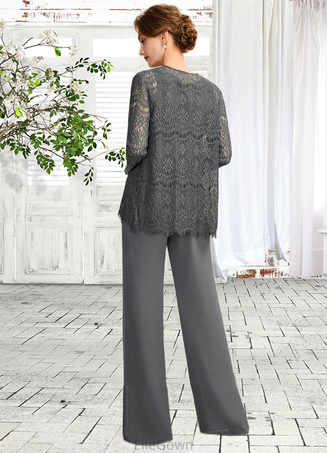 Isis Jumpsuit/Pantsuit Scoop Neck Floor-Length Chiffon Lace Mother of the Bride Dress DE126P0015006