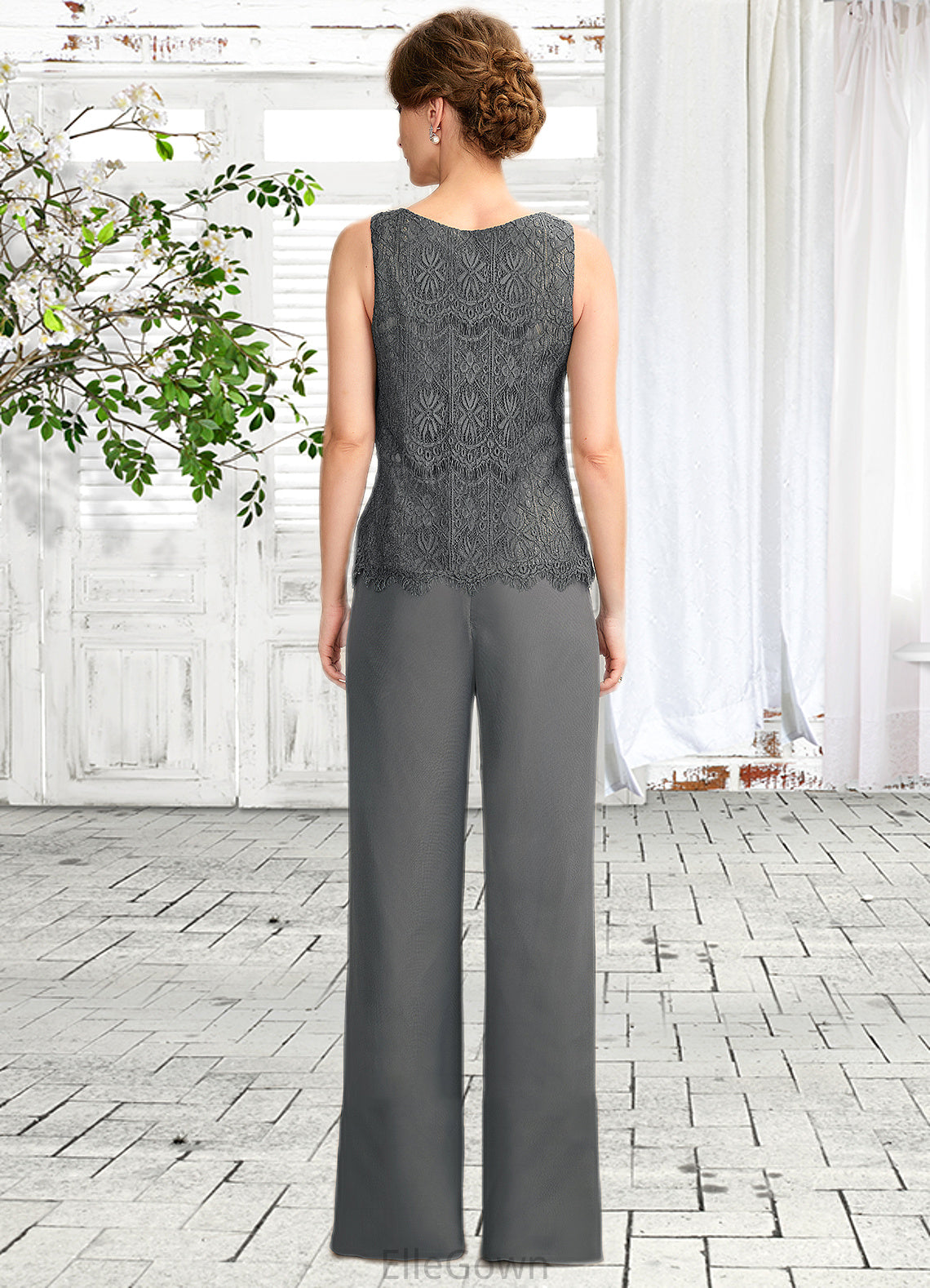 Isis Jumpsuit/Pantsuit Scoop Neck Floor-Length Chiffon Lace Mother of the Bride Dress DE126P0015006