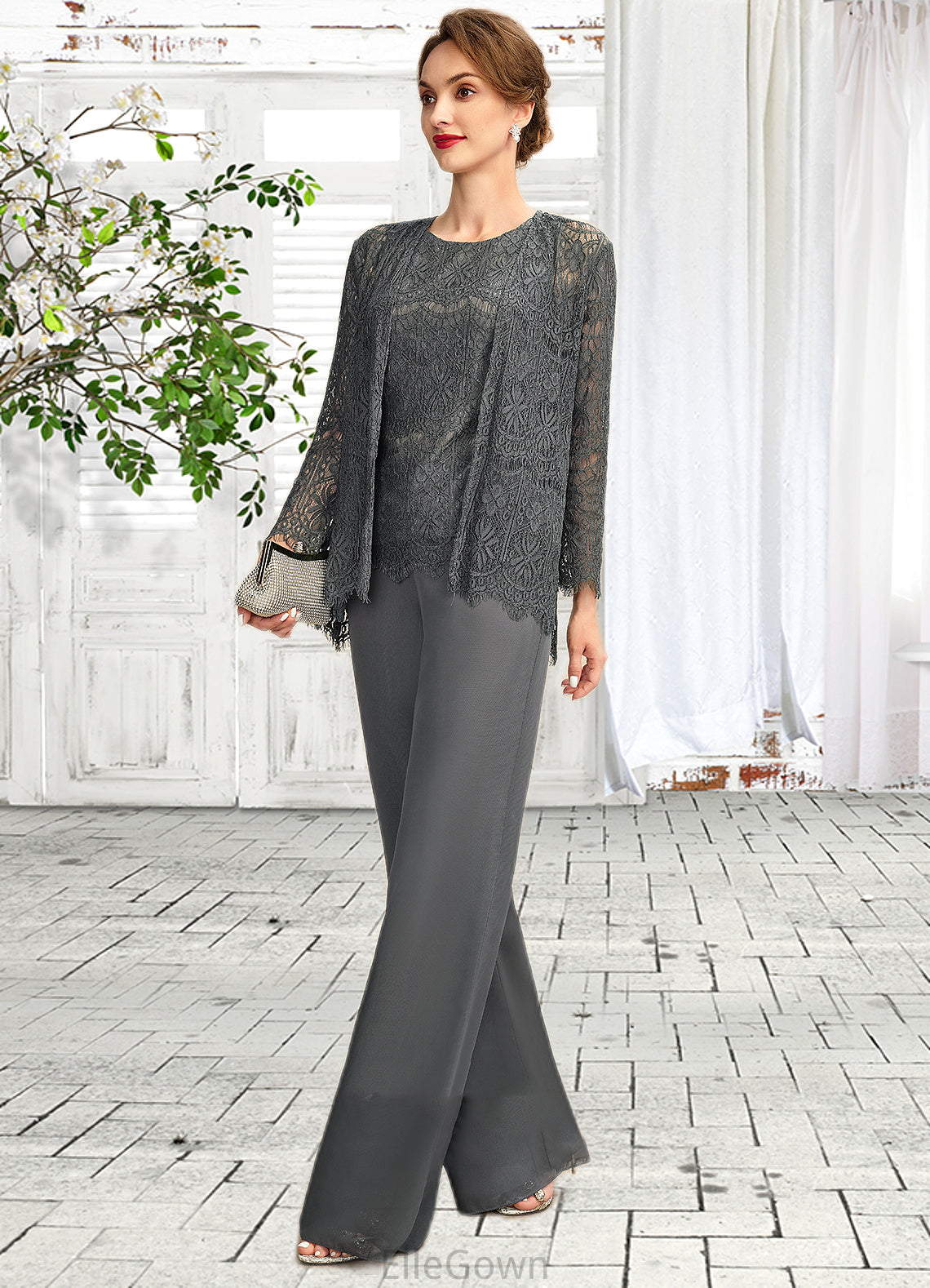 Isis Jumpsuit/Pantsuit Scoop Neck Floor-Length Chiffon Lace Mother of the Bride Dress DE126P0015006