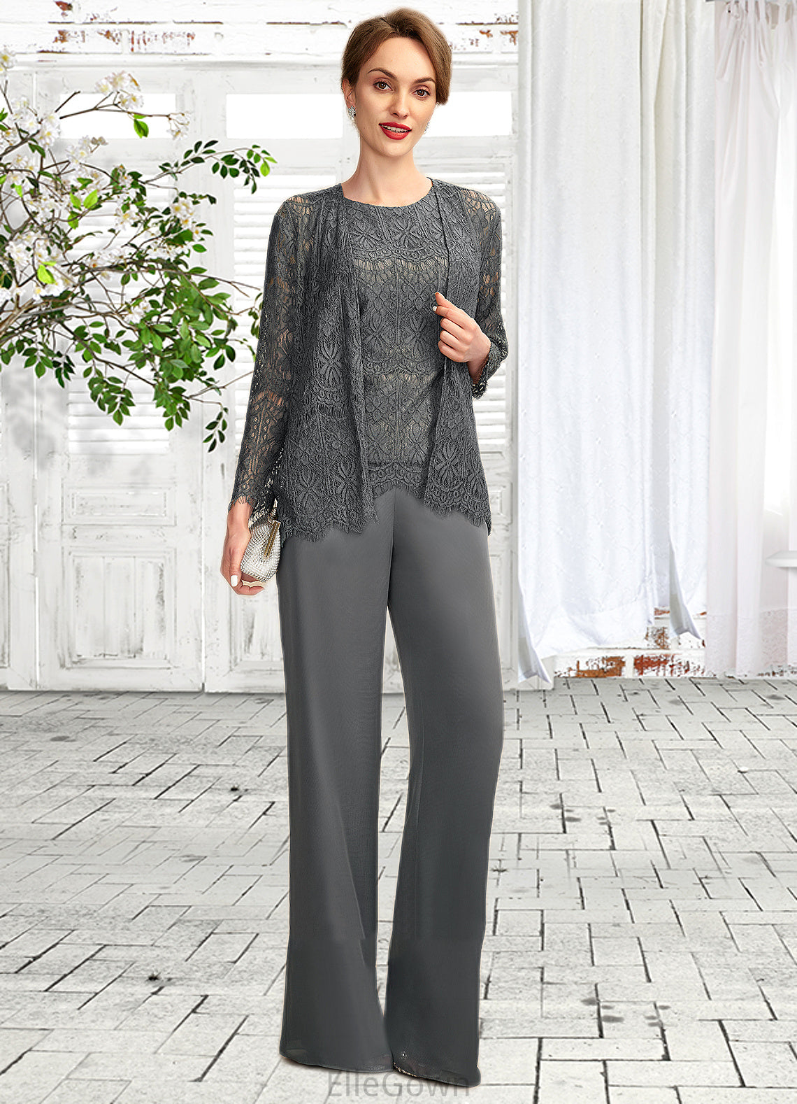 Isis Jumpsuit/Pantsuit Scoop Neck Floor-Length Chiffon Lace Mother of the Bride Dress DE126P0015006