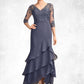 Judith Trumpet/Mermaid V-neck Asymmetrical Chiffon Lace Mother of the Bride Dress With Sequins Cascading Ruffles DE126P0015007