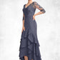 Judith Trumpet/Mermaid V-neck Asymmetrical Chiffon Lace Mother of the Bride Dress With Sequins Cascading Ruffles DE126P0015007