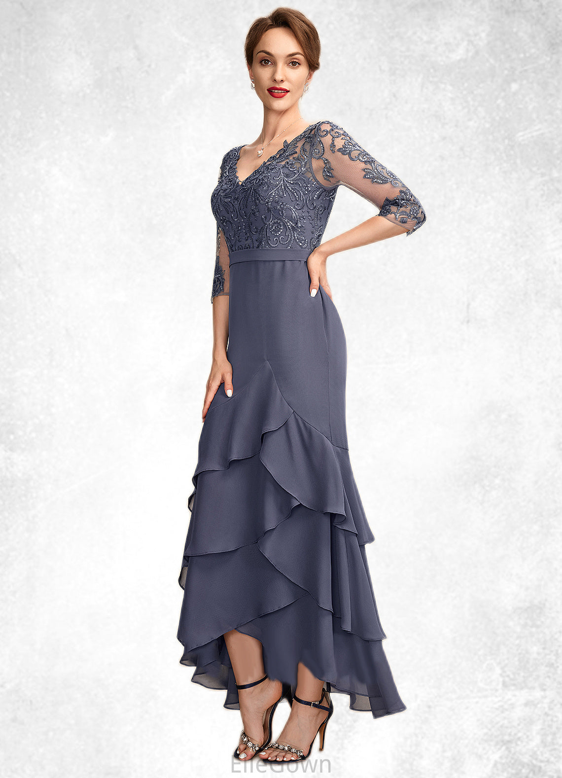 Judith Trumpet/Mermaid V-neck Asymmetrical Chiffon Lace Mother of the Bride Dress With Sequins Cascading Ruffles DE126P0015007