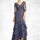 Judith Trumpet/Mermaid V-neck Asymmetrical Chiffon Lace Mother of the Bride Dress With Sequins Cascading Ruffles DE126P0015007