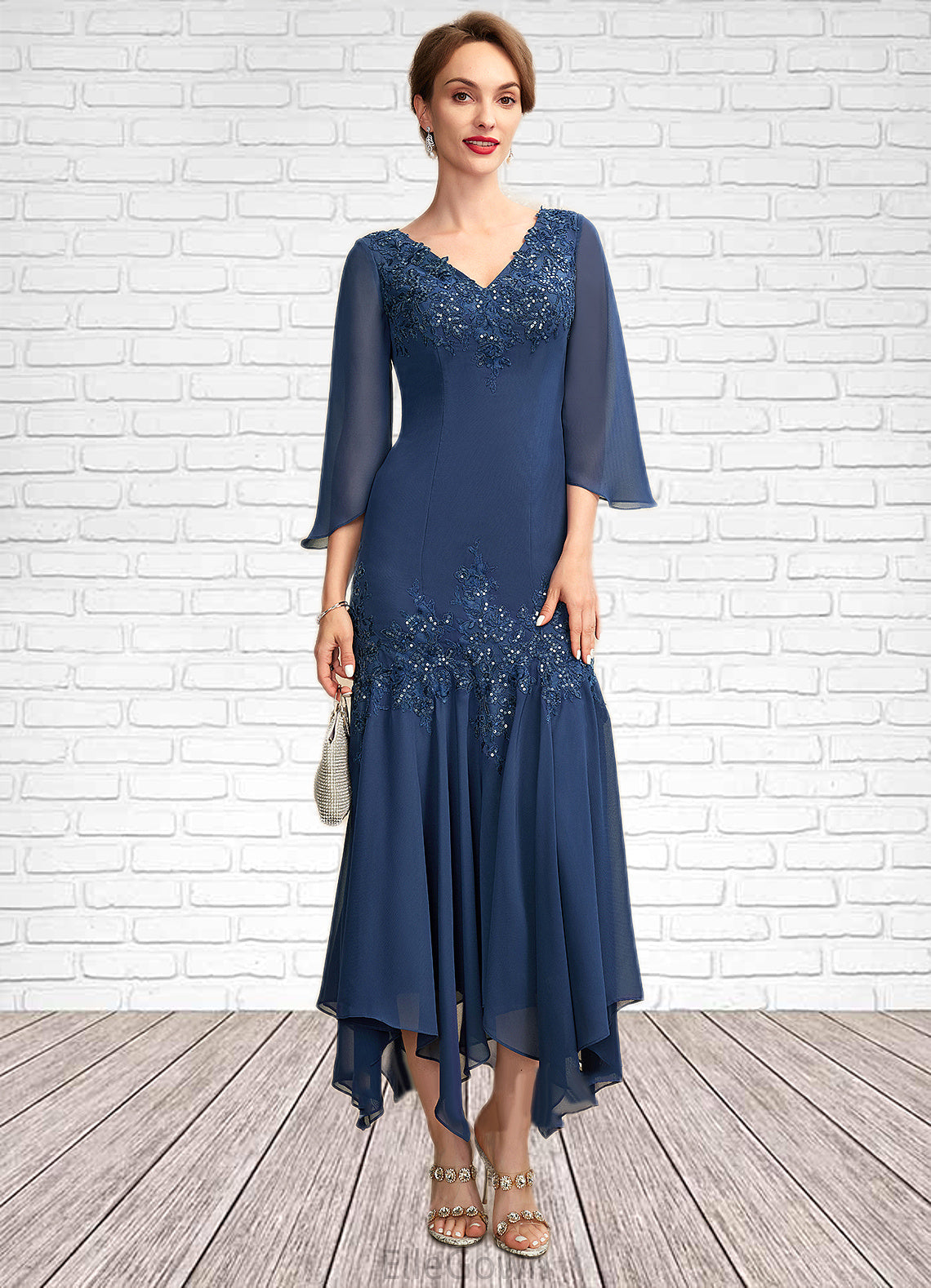 Clarissa Trumpet/Mermaid V-neck Ankle-Length Chiffon Mother of the Bride Dress With Appliques Lace Sequins DE126P0015009