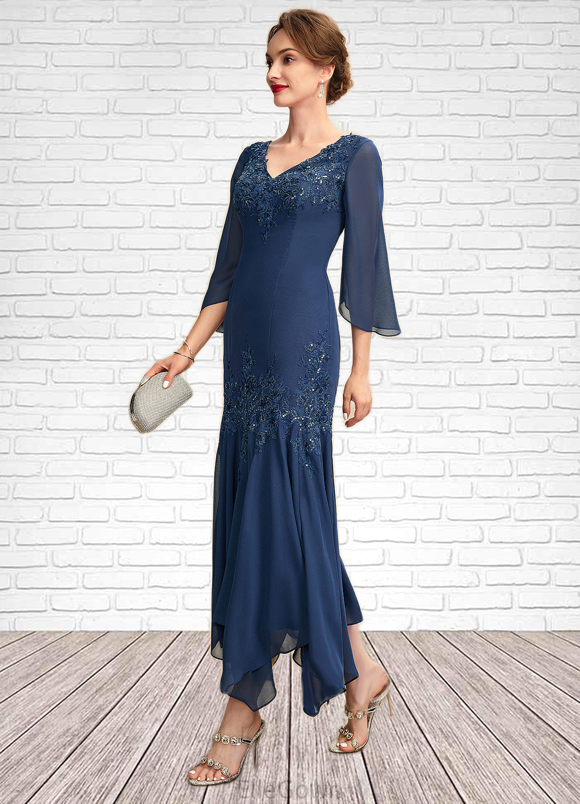 Clarissa Trumpet/Mermaid V-neck Ankle-Length Chiffon Mother of the Bride Dress With Appliques Lace Sequins DE126P0015009