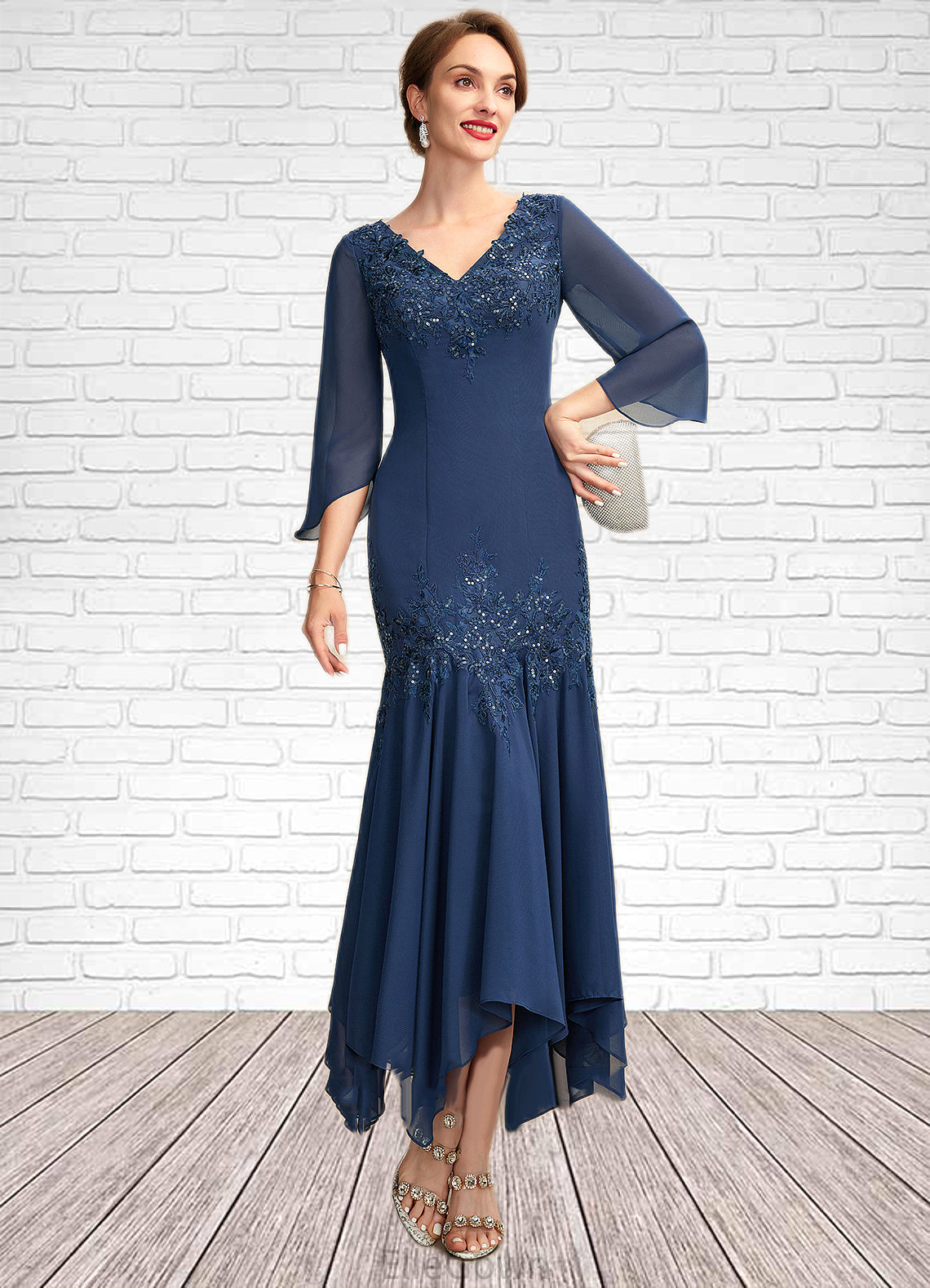 Clarissa Trumpet/Mermaid V-neck Ankle-Length Chiffon Mother of the Bride Dress With Appliques Lace Sequins DE126P0015009