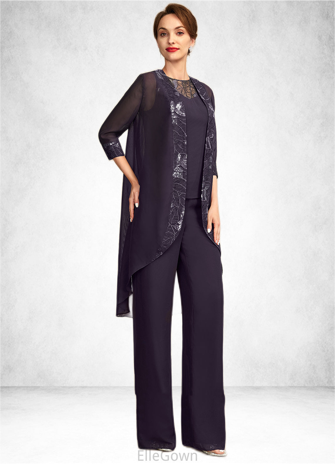 Cassandra Jumpsuit/Pantsuit Scoop Neck Floor-Length Chiffon Lace Mother of the Bride Dress With Sequins DE126P0015010