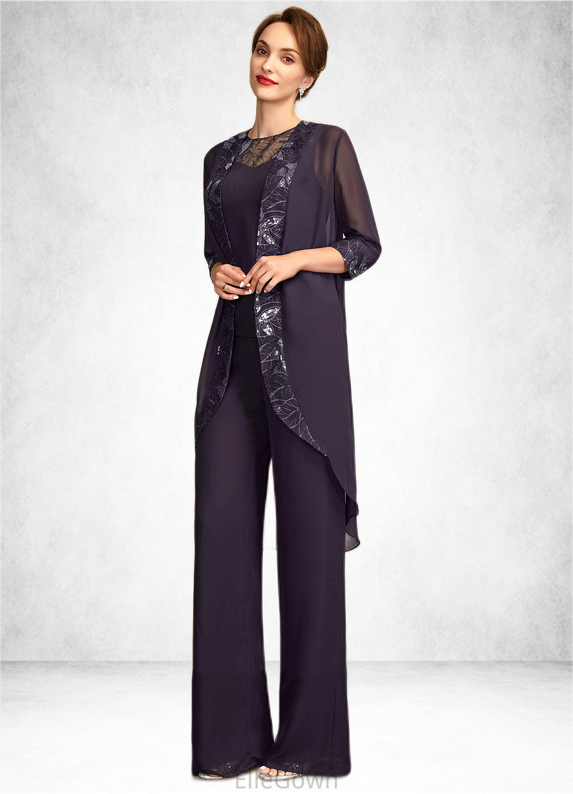 Cassandra Jumpsuit/Pantsuit Scoop Neck Floor-Length Chiffon Lace Mother of the Bride Dress With Sequins DE126P0015010