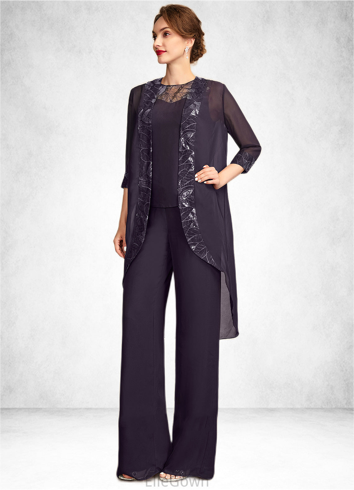 Cassandra Jumpsuit/Pantsuit Scoop Neck Floor-Length Chiffon Lace Mother of the Bride Dress With Sequins DE126P0015010