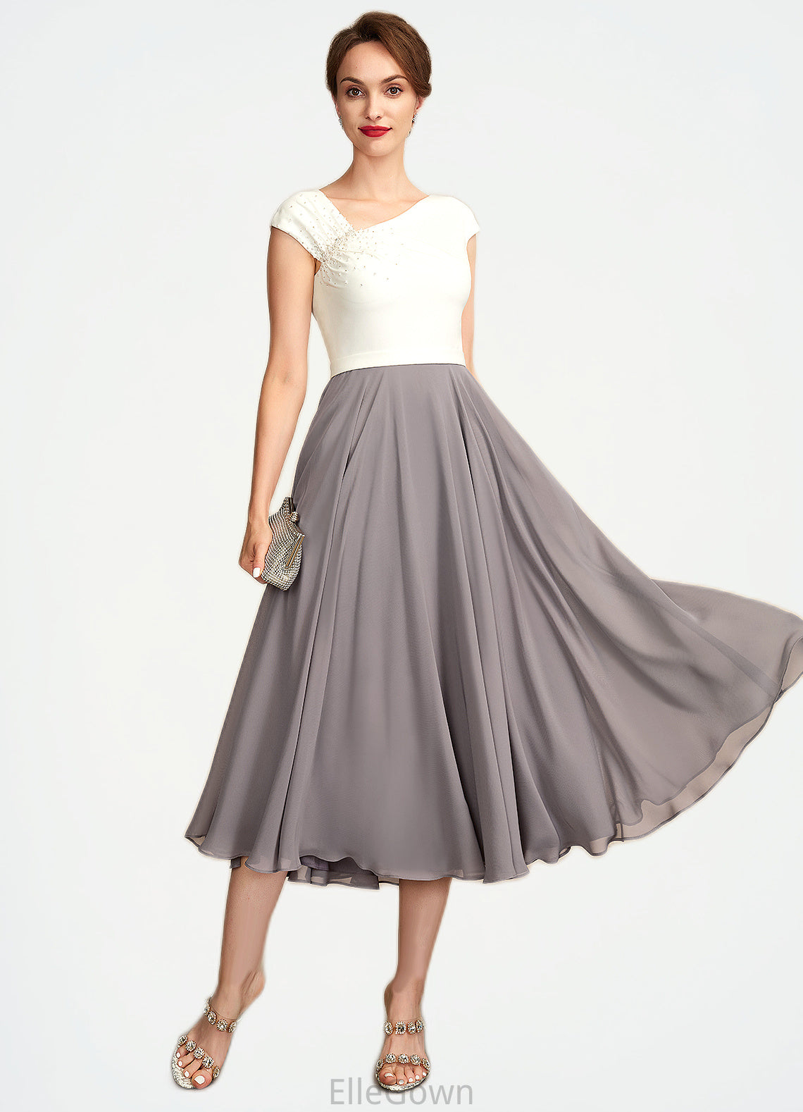 Tricia A-Line V-neck Tea-Length Chiffon Mother of the Bride Dress With Ruffle Beading Sequins DE126P0015016