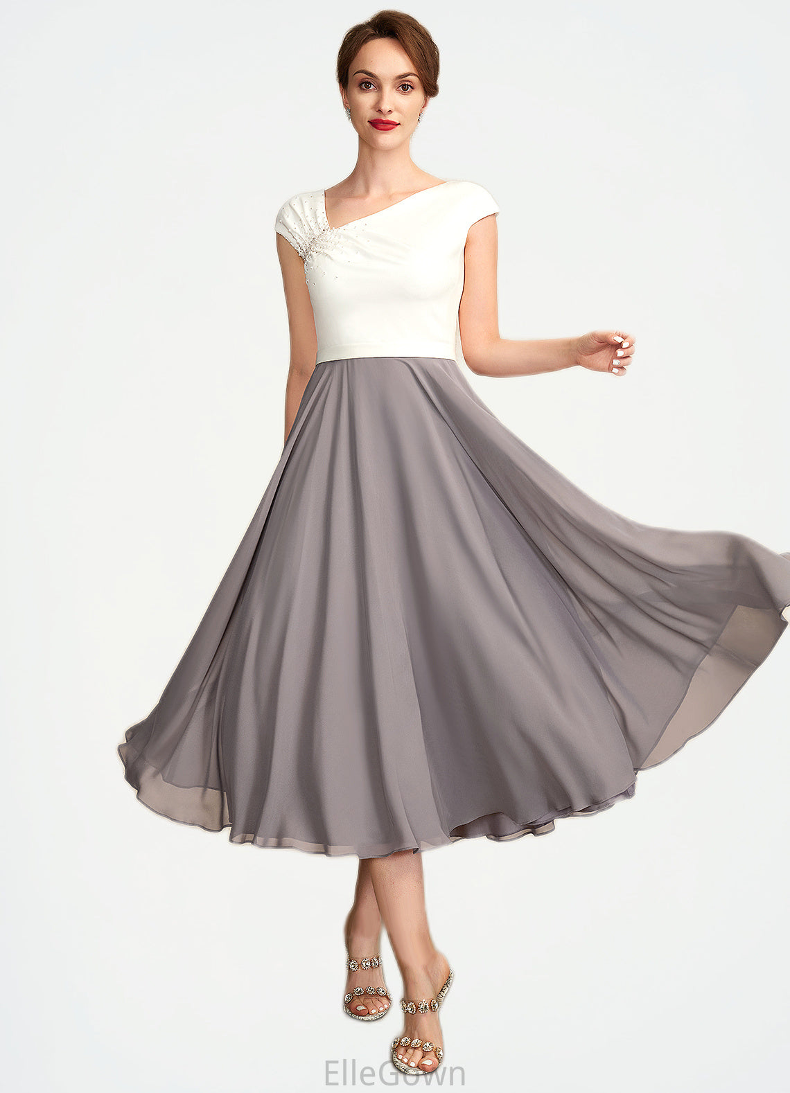 Tricia A-Line V-neck Tea-Length Chiffon Mother of the Bride Dress With Ruffle Beading Sequins DE126P0015016