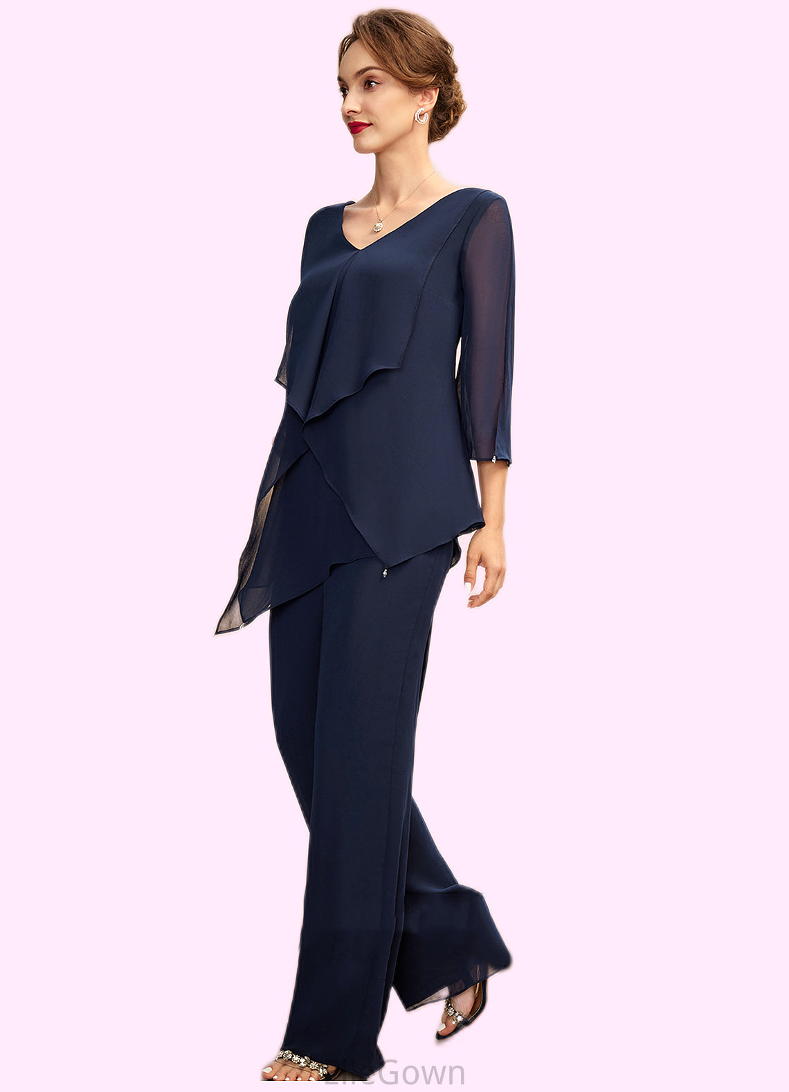 Alice Jumpsuit/Pantsuit V-neck Floor-Length Chiffon Mother of the Bride Dress With Cascading Ruffles DE126P0015019