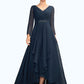 Janet A-Line V-neck Asymmetrical Chiffon Mother of the Bride Dress With Ruffle Beading Bow(s) DE126P0015021