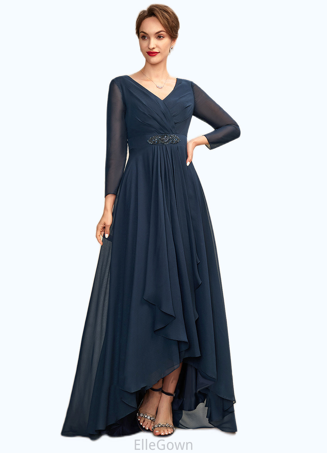 Janet A-Line V-neck Asymmetrical Chiffon Mother of the Bride Dress With Ruffle Beading Bow(s) DE126P0015021