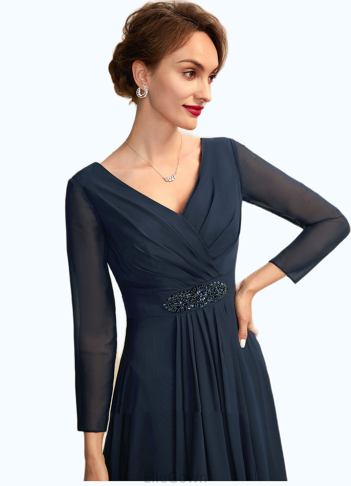 Janet A-Line V-neck Asymmetrical Chiffon Mother of the Bride Dress With Ruffle Beading Bow(s) DE126P0015021