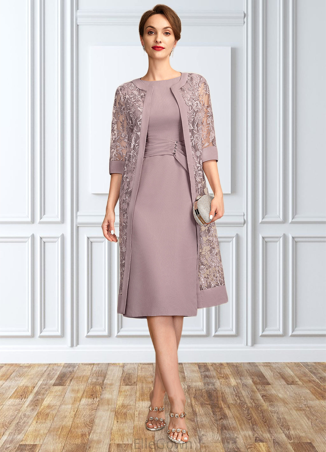 Addyson Sheath/Column Scoop Neck Knee-Length Chiffon Mother of the Bride Dress With Ruffle Sequins DE126P0015023