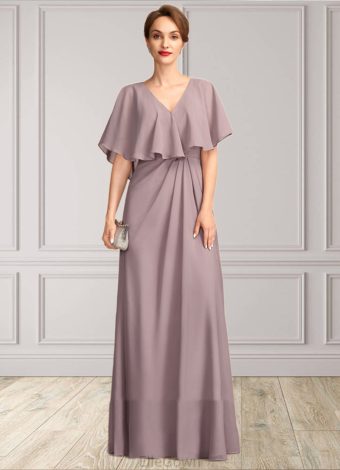 Yasmin A-Line V-neck Floor-Length Chiffon Mother of the Bride Dress With Ruffle DE126P0015026